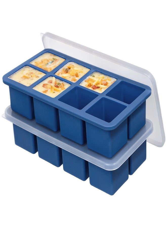 Koluti Nonstick Silicone Freezer Molds with Plastic Lid 2 Pack, 8 Soup Cubes Tray Sauce Ice Cube Mold Maker, Stackable Food Meal Prep Storage Container for Freezing, Dishwasher Safe & BPA Free - Image 1
